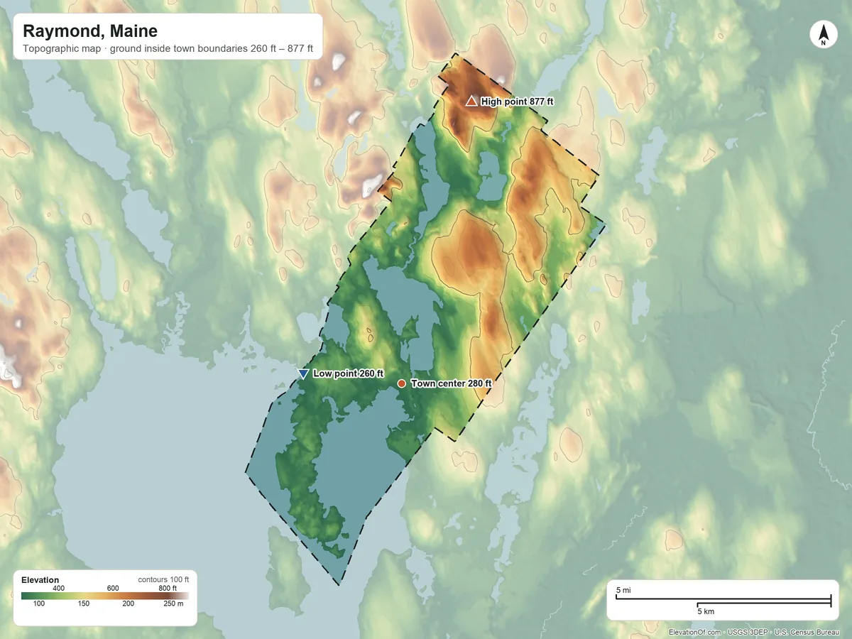 Topographic elevation map of Raymond, Maine, shaded from 260 ft on the west side to 877 ft on Tenny Hill