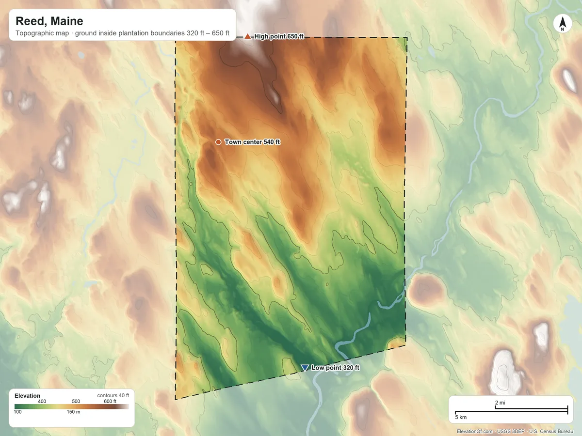 Topographic elevation map of Reed, Maine, shaded from 320 ft on the south side to 650 ft on the north side