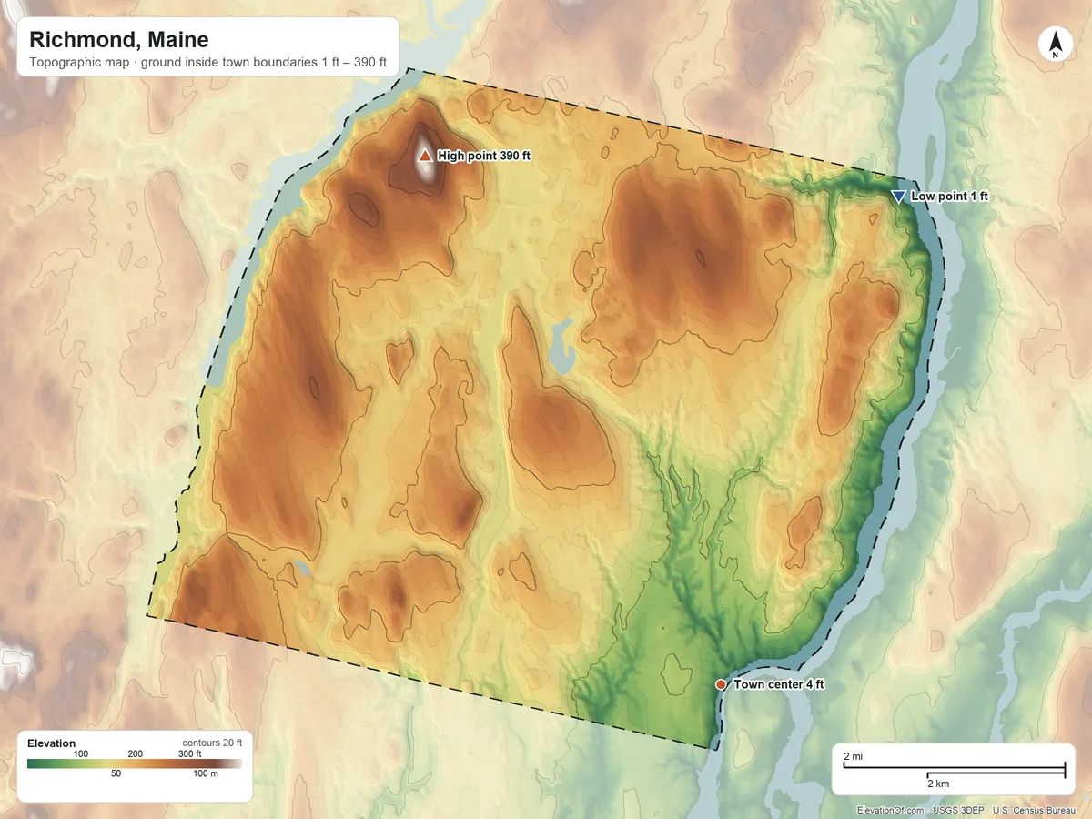 Topographic elevation map of Richmond, Maine, shaded from 1 ft on the north side to 390 ft on Ring Hill