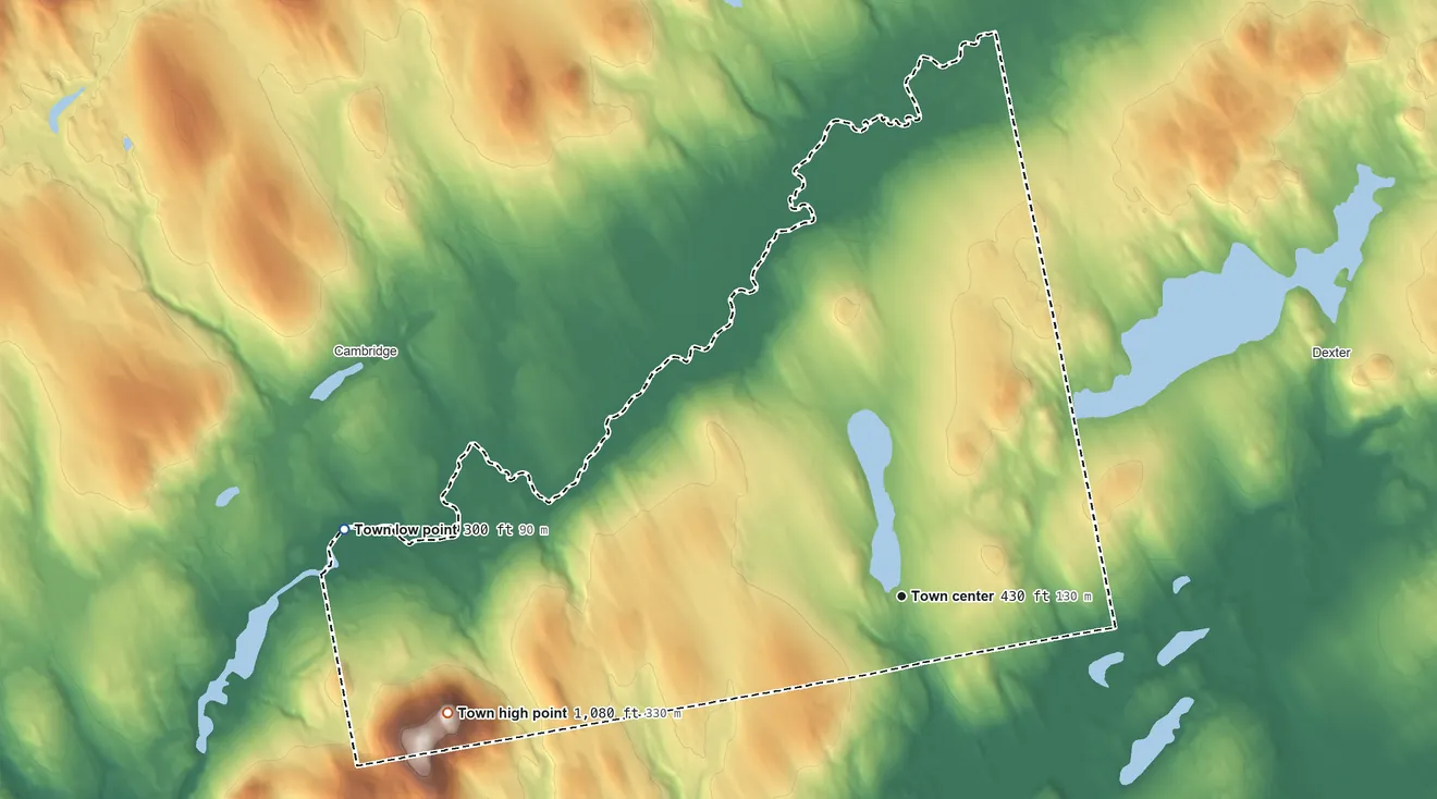 Topographic elevation map of Ripley, Maine, shaded from 300 ft on the west side to 1,080 ft on Saint Albans Mountain