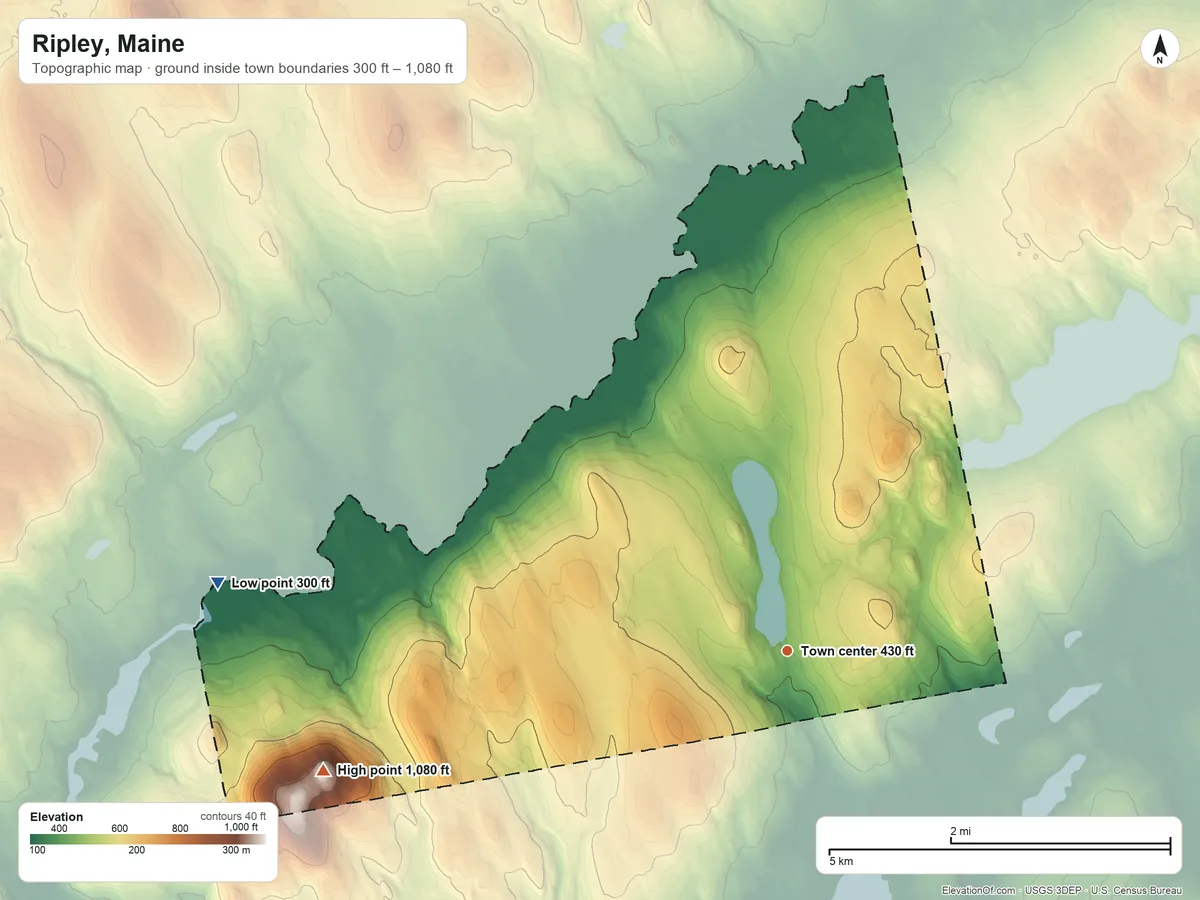 Topographic elevation map of Ripley, Maine, shaded from 300 ft on the west side to 1,080 ft on Saint Albans Mountain