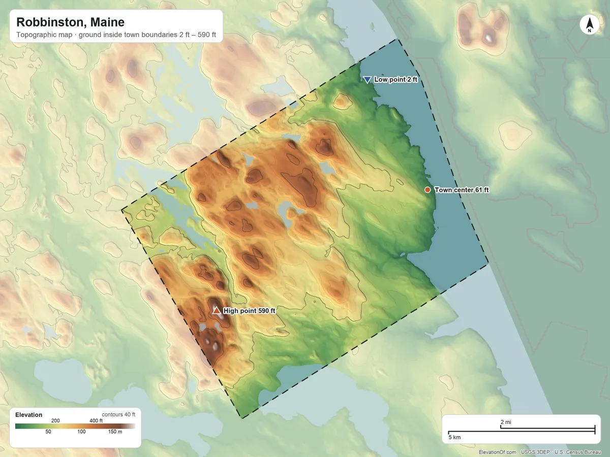 Topographic elevation map of Robbinston, Maine, shaded from 2 ft on the northwest side to 590 ft on the southwest side