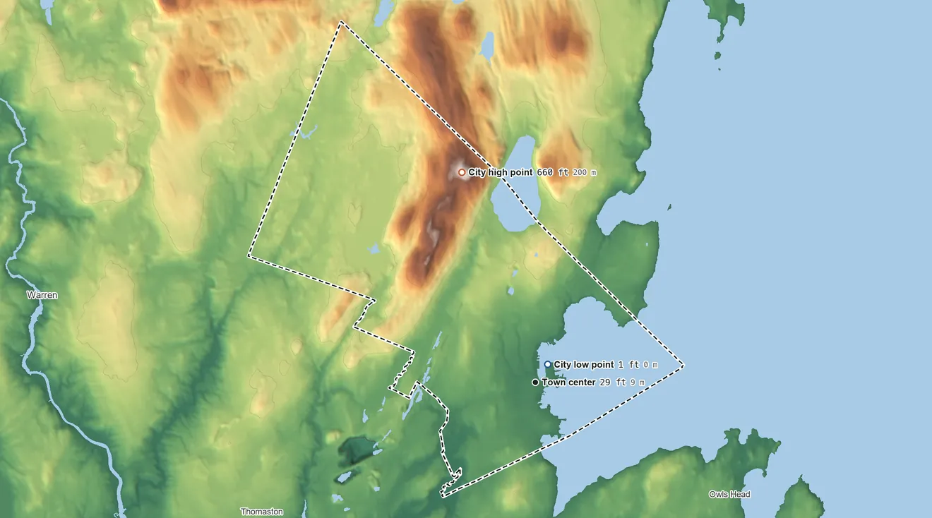 Topographic elevation map of Rockland, Maine, shaded from 1 ft near the middle to 660 ft on Dodge Mountain