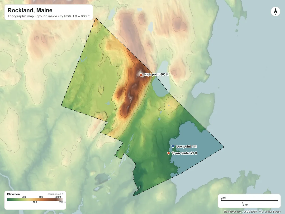 Topographic elevation map of Rockland, Maine, shaded from 1 ft near the middle to 660 ft on Dodge Mountain