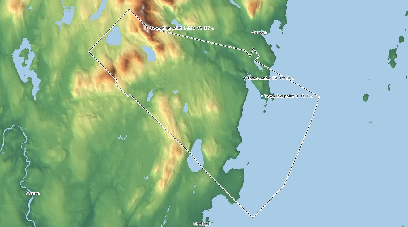 Topographic elevation map of Rockport, Maine, shaded from 0 ft near the middle to 1,290 ft on the northwest edge, below higher ground just outside