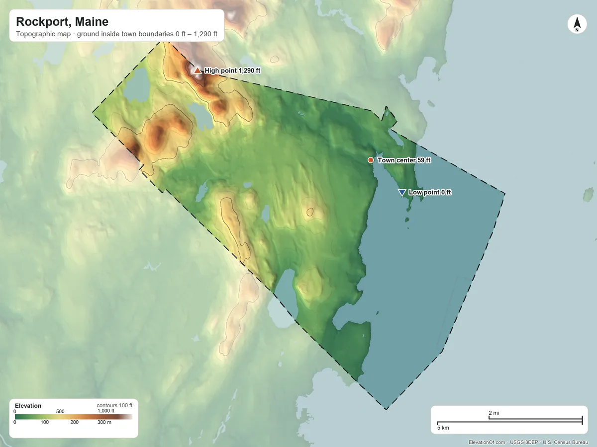 Topographic elevation map of Rockport, Maine, shaded from 0 ft near the middle to 1,290 ft on the northwest edge, below higher ground just outside