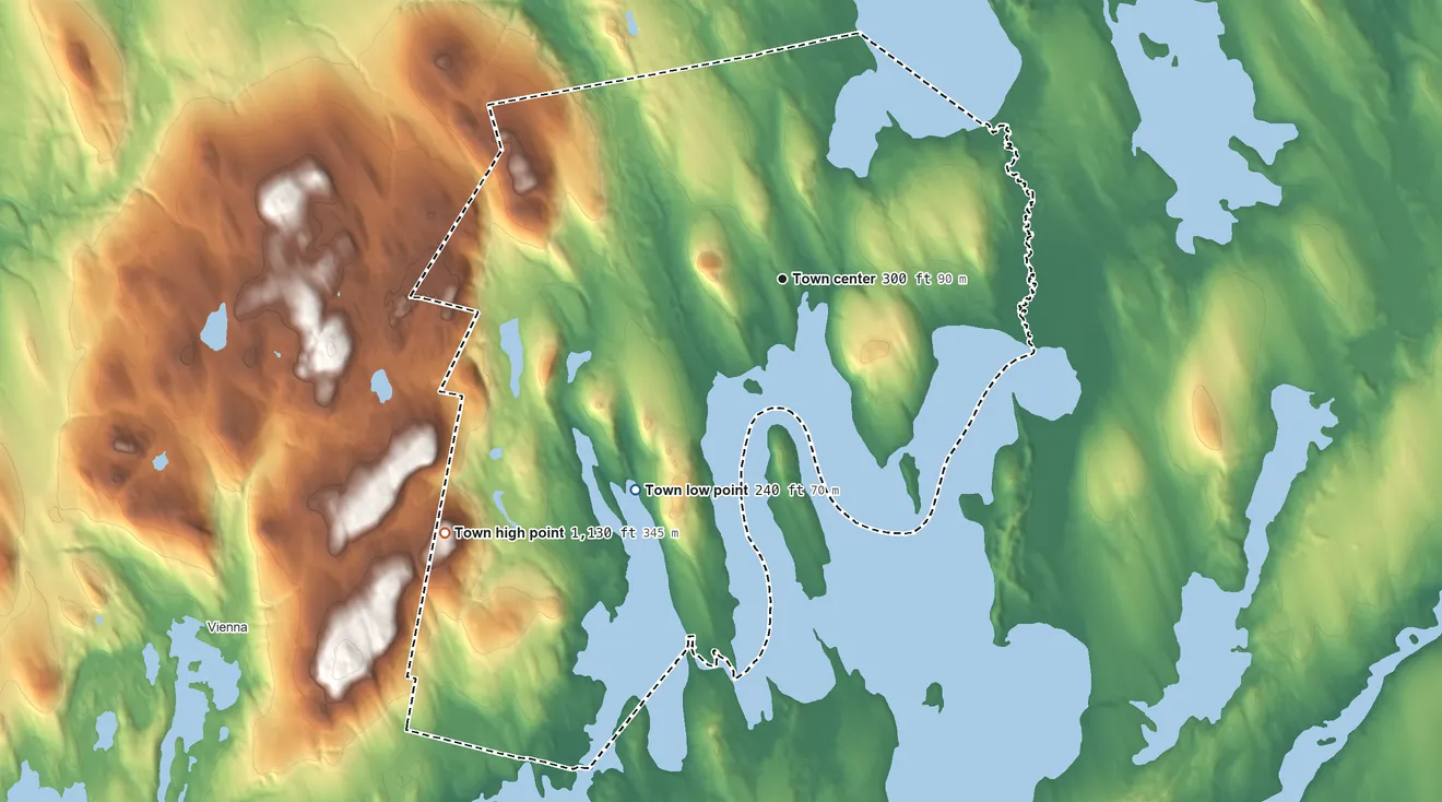 Topographic elevation map of Rome, Maine, shaded from 240 ft on the southwest side to 1,130 ft on Round Top
