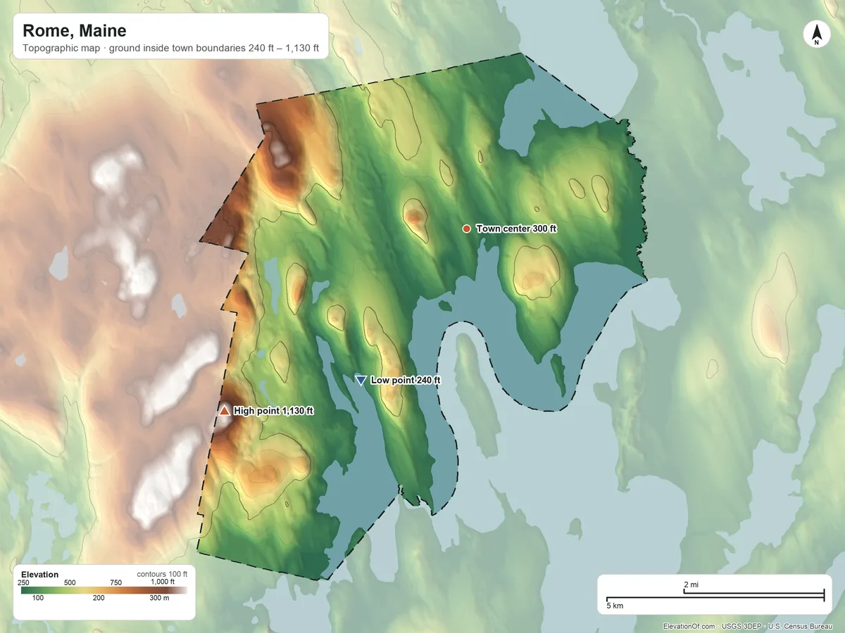 Topographic elevation map of Rome, Maine, shaded from 240 ft on the southwest side to 1,130 ft on Round Top