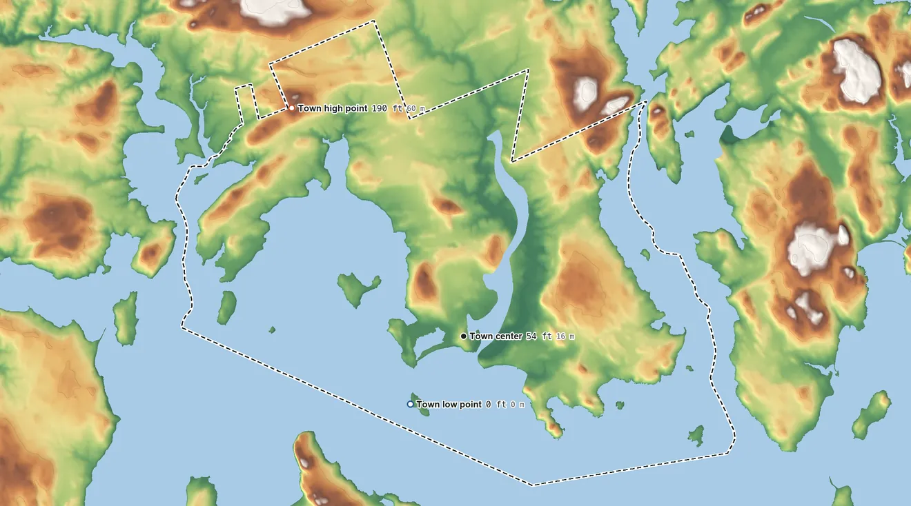 Topographic elevation map of Roque Bluffs, Maine, shaded from sea level level on the Englishman River to 190 ft on the northwest side