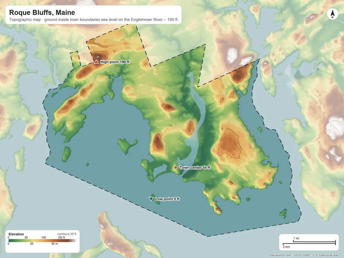 Topographic elevation map of Roque Bluffs, Maine, shaded from sea level level on the Englishman River to 190 ft on the northwest side