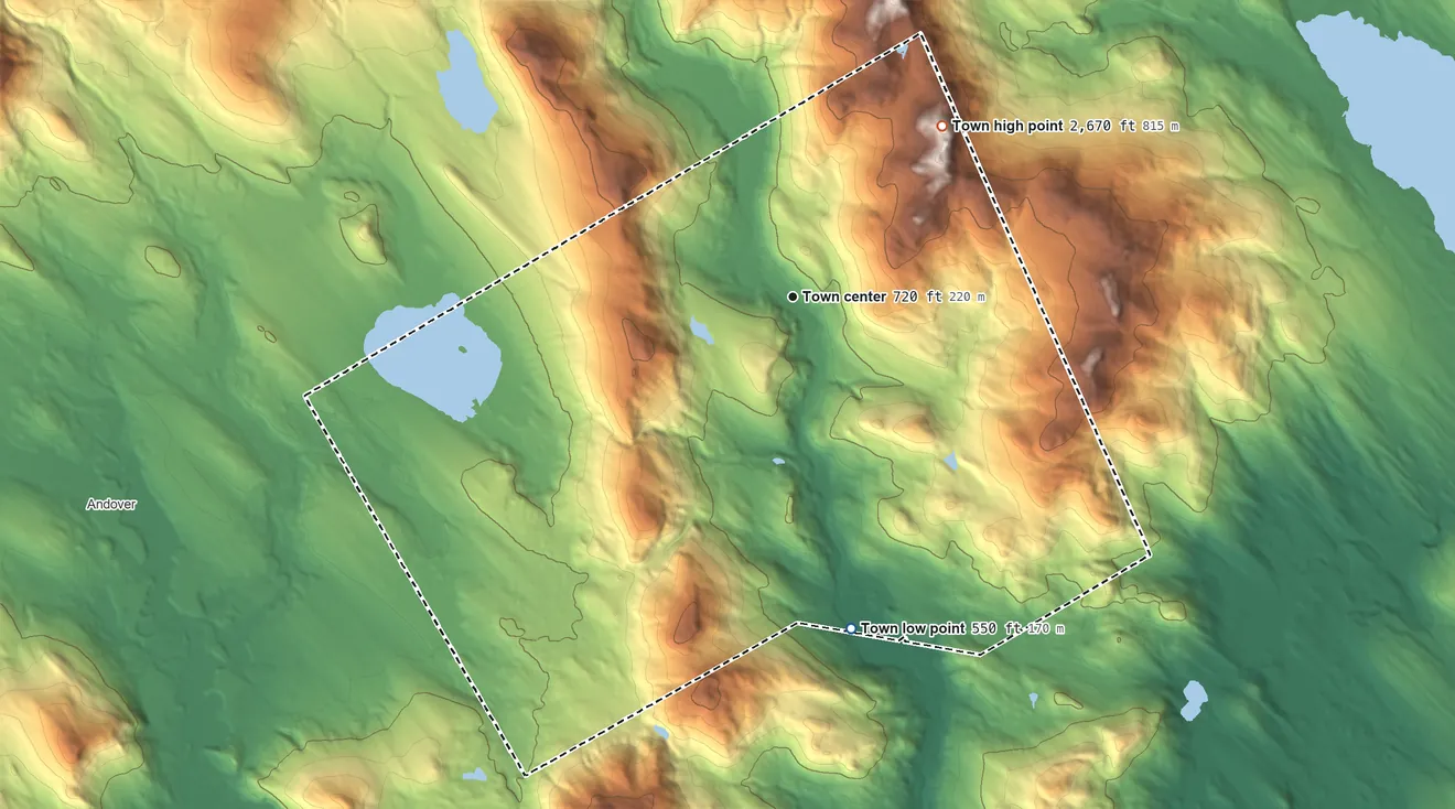 Topographic elevation map of Roxbury, Maine, shaded from 550 ft on the south side to 2,670 ft on Walker Mountain