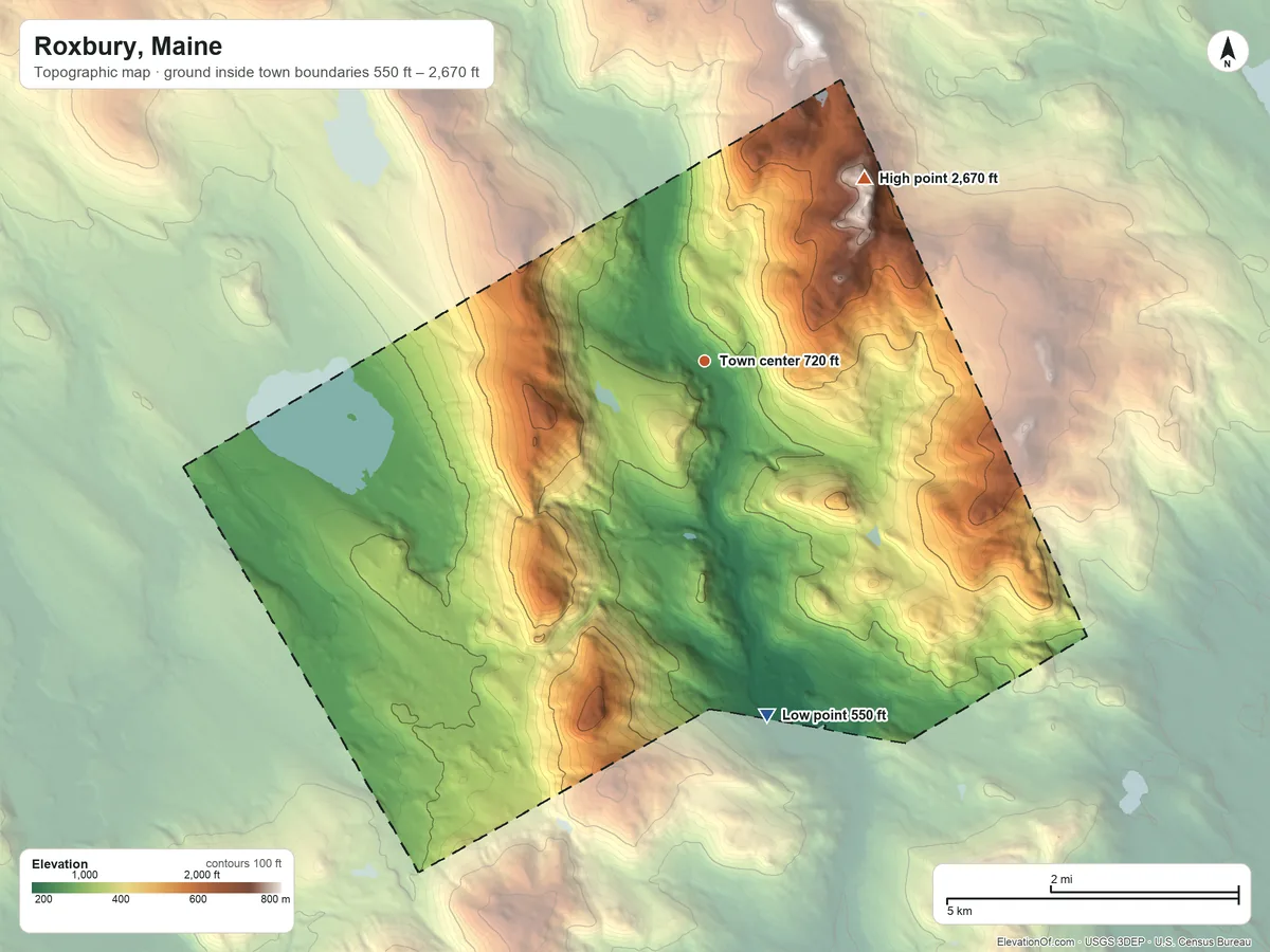 Topographic elevation map of Roxbury, Maine, shaded from 550 ft on the south side to 2,670 ft on Walker Mountain