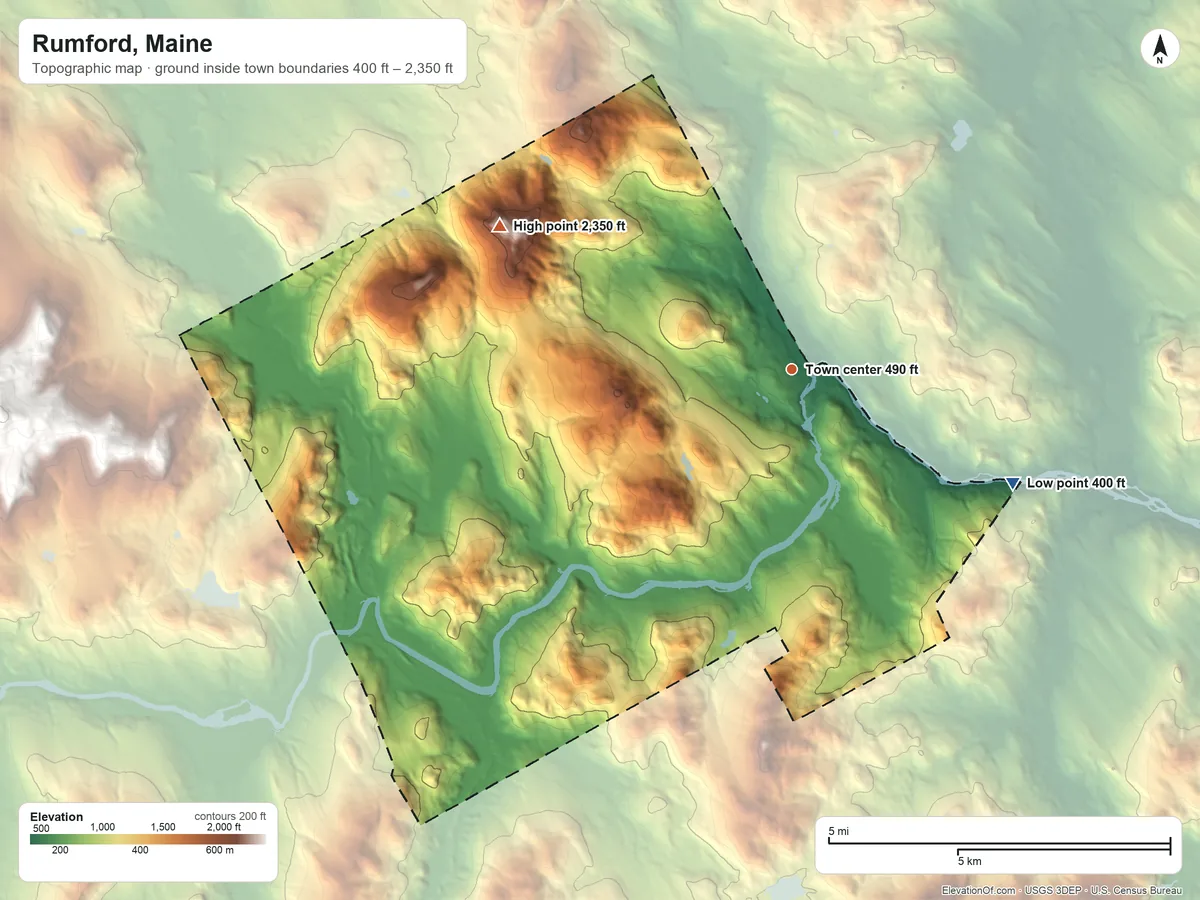 Topographic elevation map of Rumford, Maine, shaded from 400 ft on the southeast side to 2,350 ft on Black Mountain