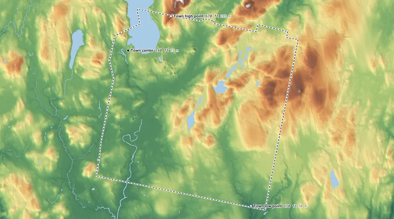 Topographic elevation map of Sabattus, Maine, shaded from 170 ft on the southeast side to 670 ft on the northeast side