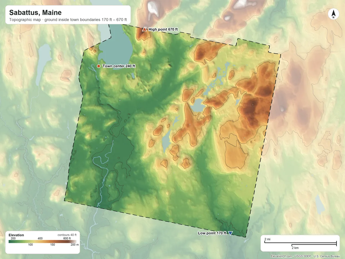 Topographic elevation map of Sabattus, Maine, shaded from 170 ft on the southeast side to 670 ft on the northeast side