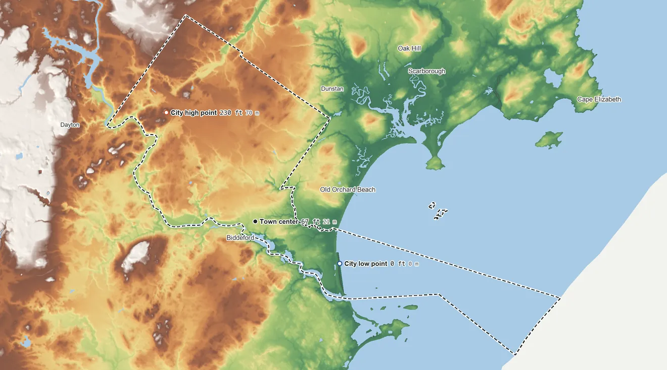 Topographic elevation map of Saco, Maine, shaded from sea level level on the Atlantic Ocean to 230 ft on the northwest side
