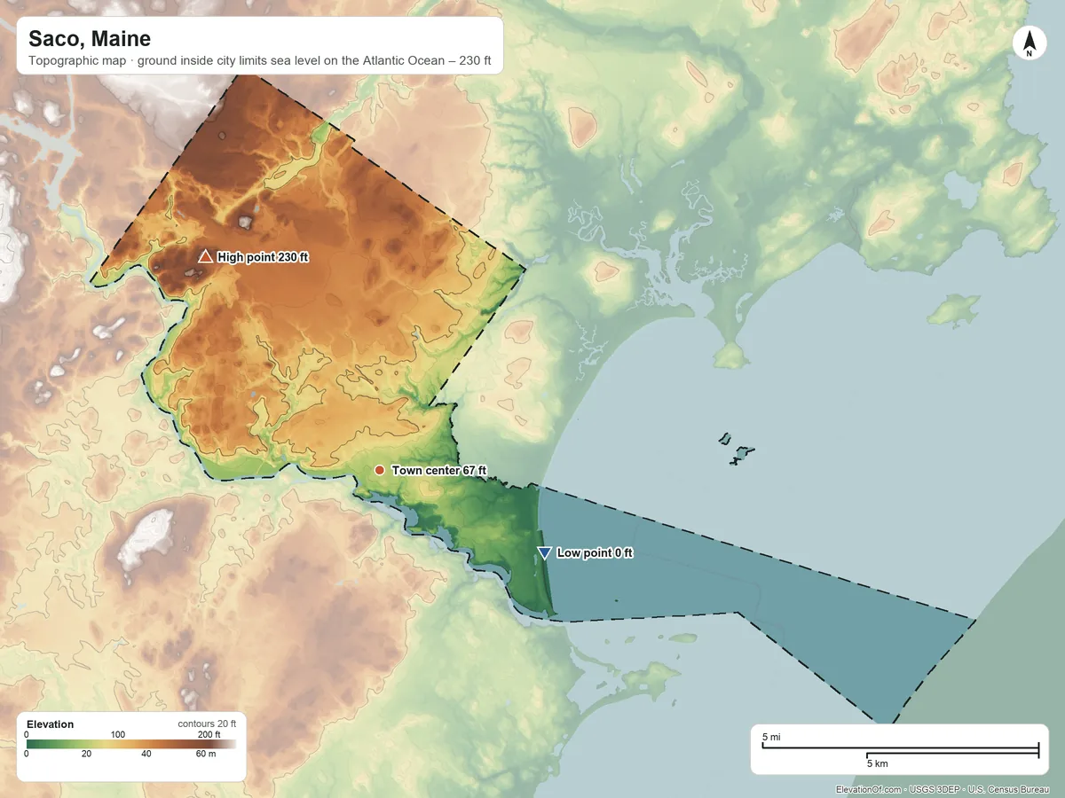 Topographic elevation map of Saco, Maine, shaded from sea level level on the Atlantic Ocean to 230 ft on the northwest side