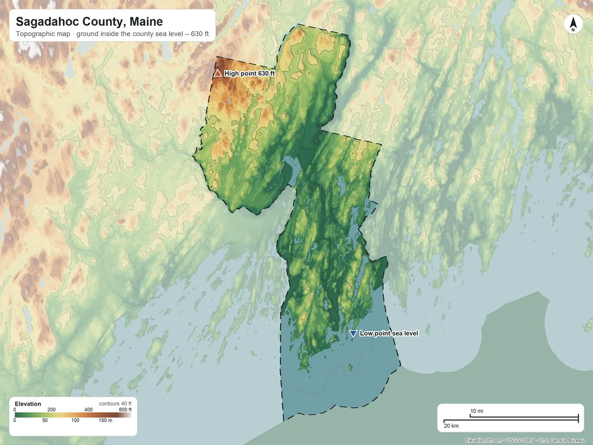 Topographic elevation map of Sagadahoc County, Maine, shaded from sea level on the Kennebec River to 630 ft on Whitten Hill