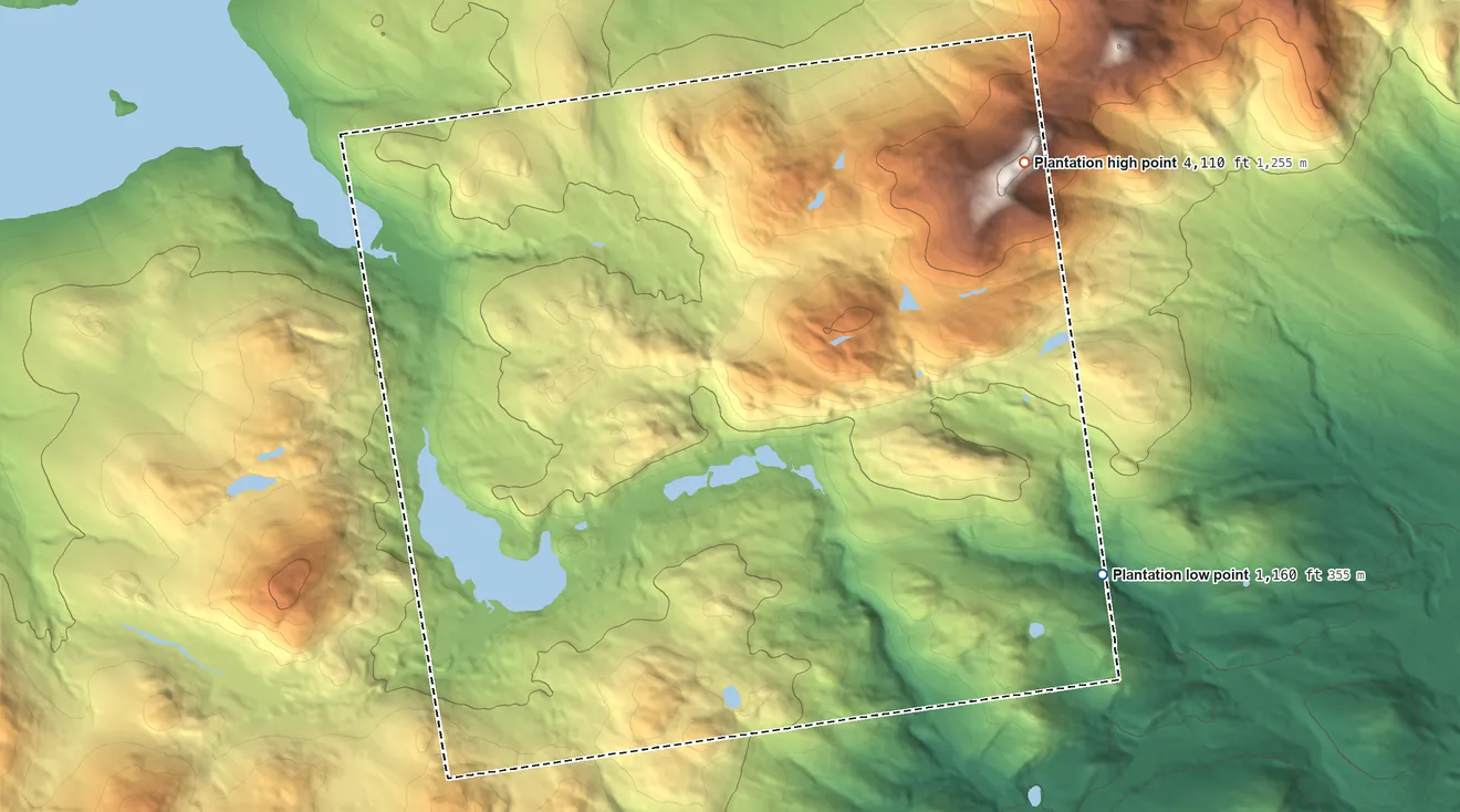 Topographic elevation map of Sandy River, Maine, shaded from 1,160 ft on the east side to 4,110 ft on Saddleback Mountain