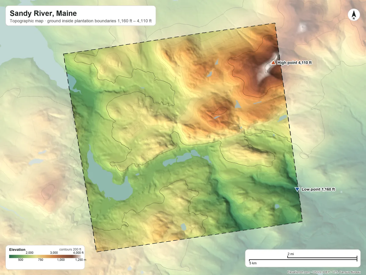 Topographic elevation map of Sandy River, Maine, shaded from 1,160 ft on the east side to 4,110 ft on Saddleback Mountain