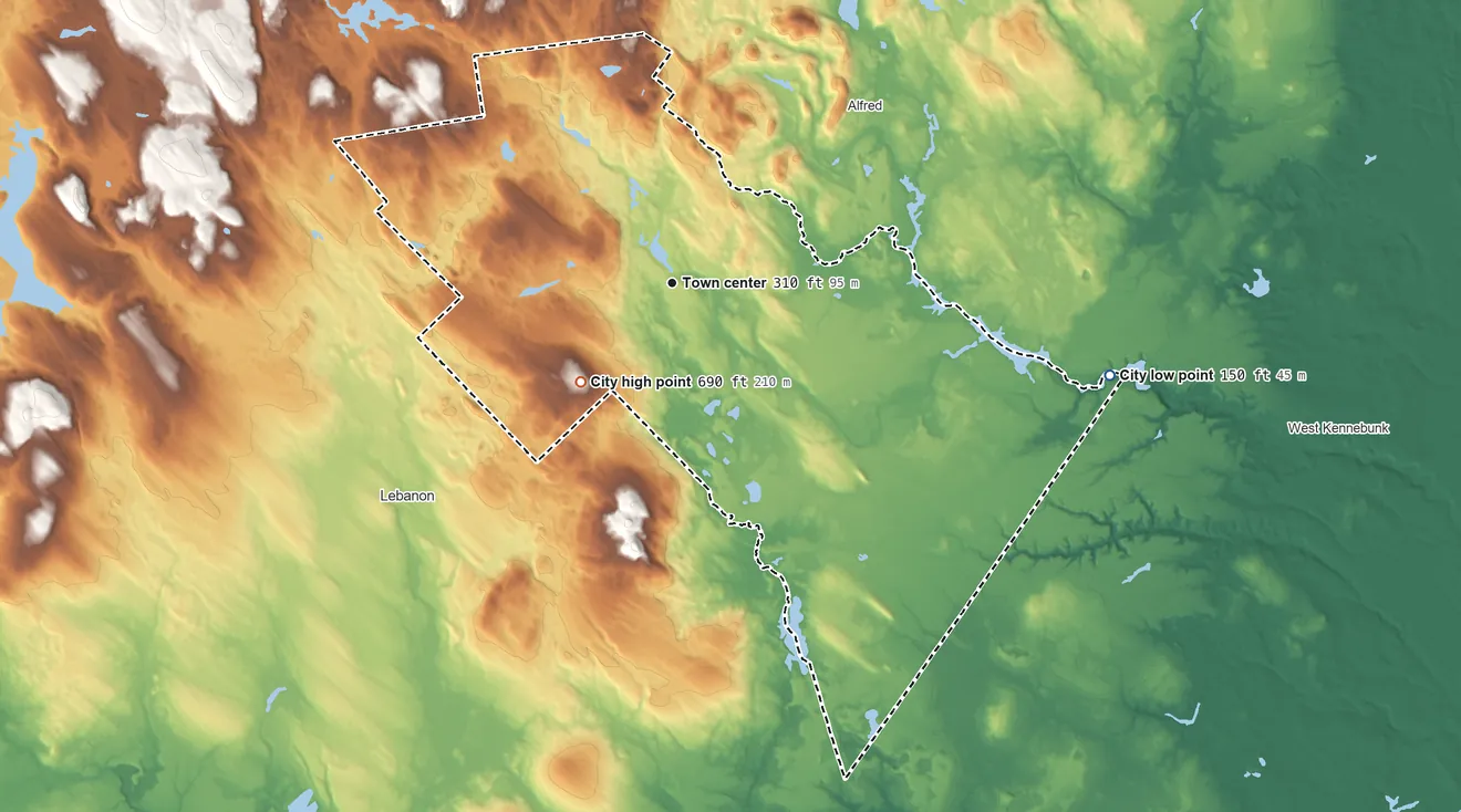 Topographic elevation map of Sanford, Maine, shaded from 150 ft on the east side to 690 ft on Mount Hope