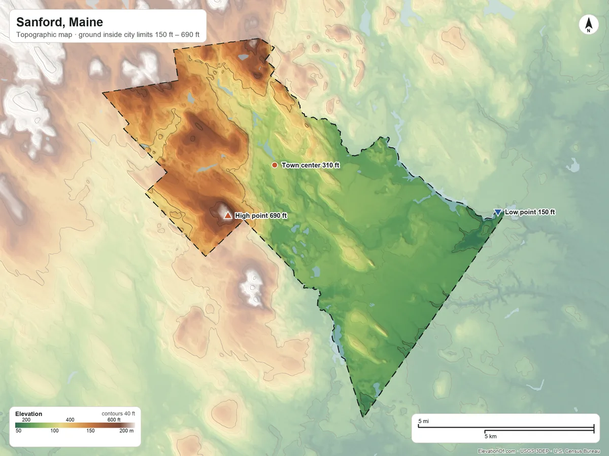 Topographic elevation map of Sanford, Maine, shaded from 150 ft on the east side to 690 ft on Mount Hope