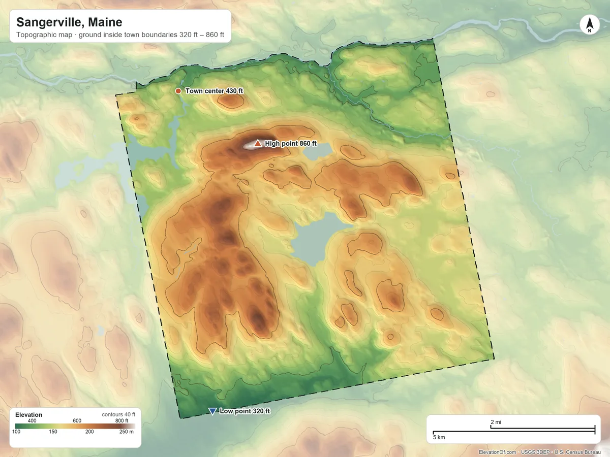 Topographic elevation map of Sangerville, Maine, shaded from 320 ft on the south side to 860 ft on Flanders Hill