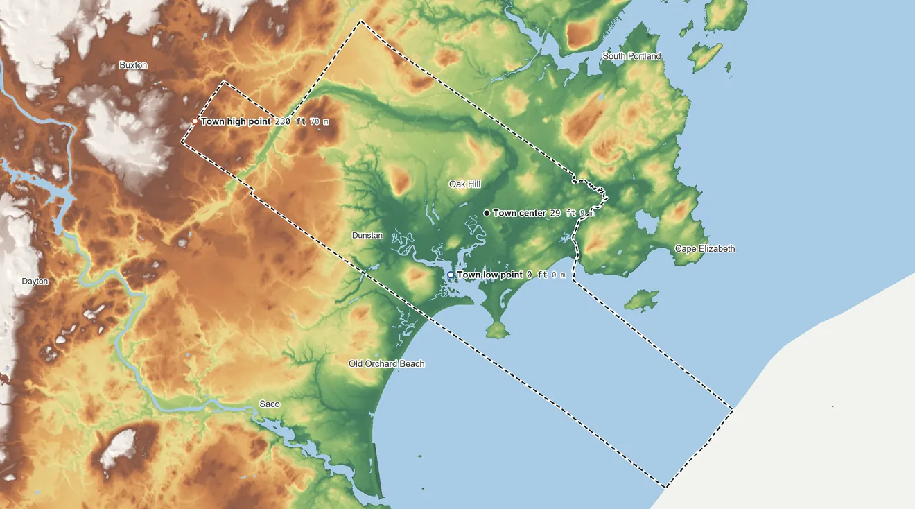 Topographic elevation map of Scarborough, Maine, shaded from sea level level on the Atlantic Ocean to 230 ft on the west side