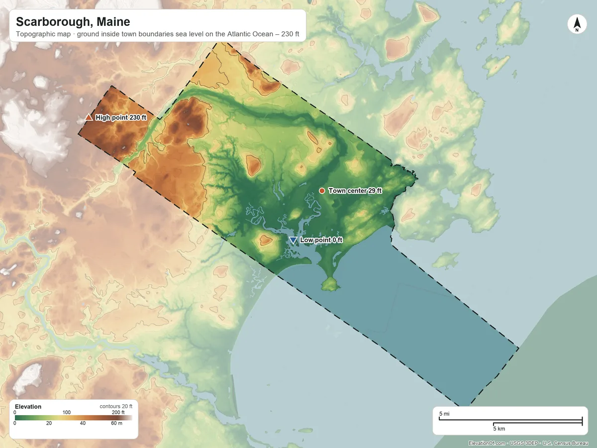 Topographic elevation map of Scarborough, Maine, shaded from sea level level on the Atlantic Ocean to 230 ft on the west side