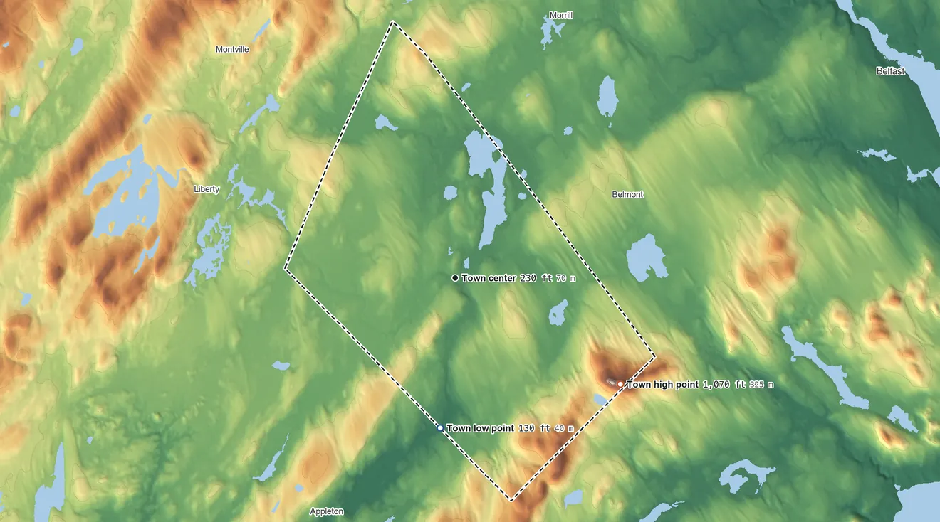 Topographic elevation map of Searsmont, Maine, shaded from 130 ft on the south side to 1,070 ft on Levenseller Mountain