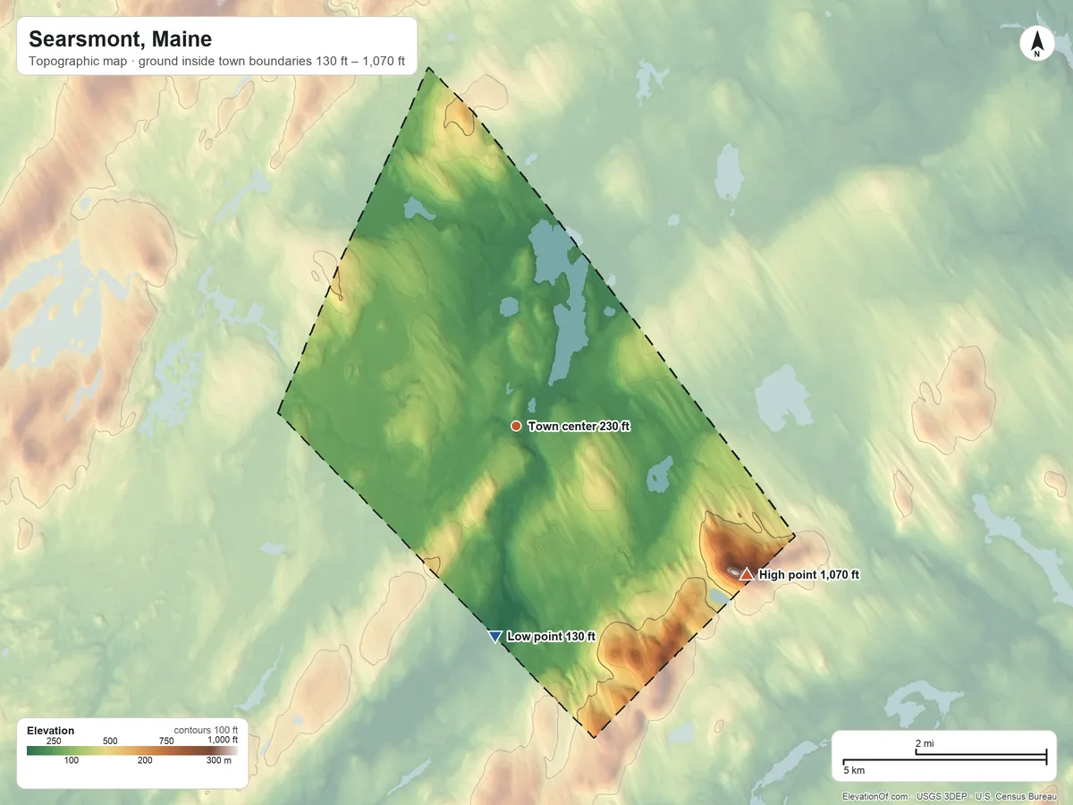 Topographic elevation map of Searsmont, Maine, shaded from 130 ft on the south side to 1,070 ft on Levenseller Mountain