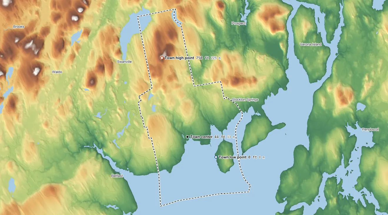Topographic elevation map of Searsport, Maine, shaded from sea level level on Long Cove to 750 ft on Mount Ephraim