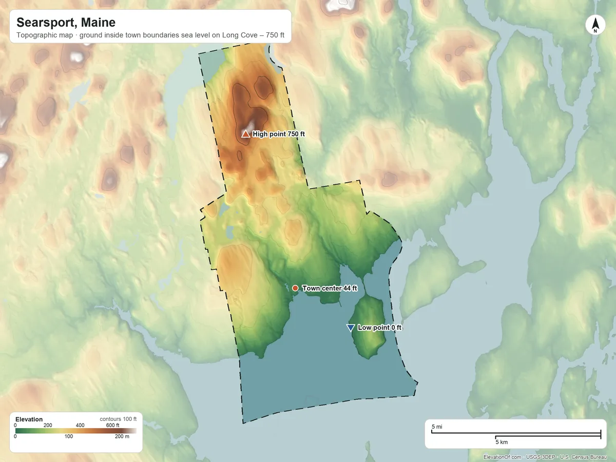 Topographic elevation map of Searsport, Maine, shaded from sea level level on Long Cove to 750 ft on Mount Ephraim