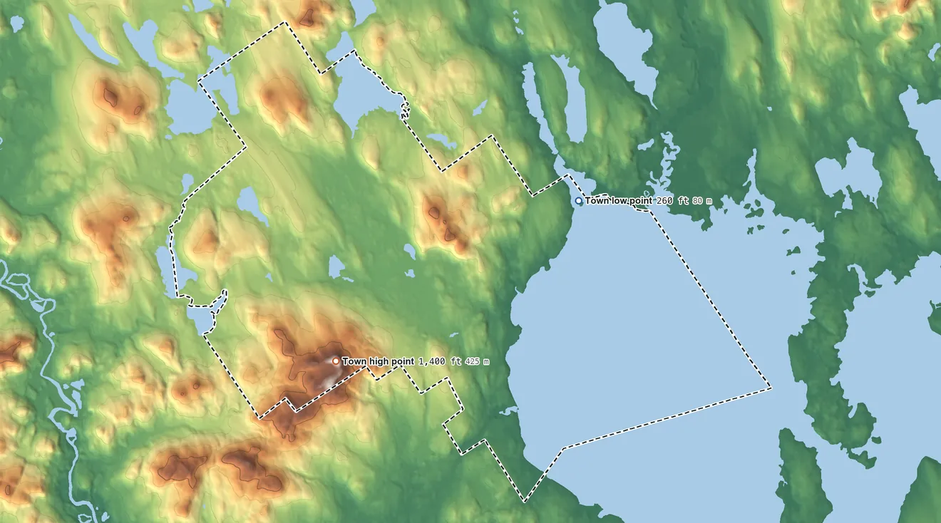 Topographic elevation map of Sebago, Maine, shaded from 260 ft on the northeast side to 1,400 ft on Douglas Mountain
