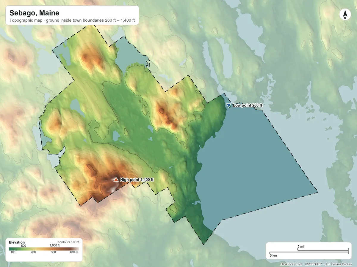 Topographic elevation map of Sebago, Maine, shaded from 260 ft on the northeast side to 1,400 ft on Douglas Mountain