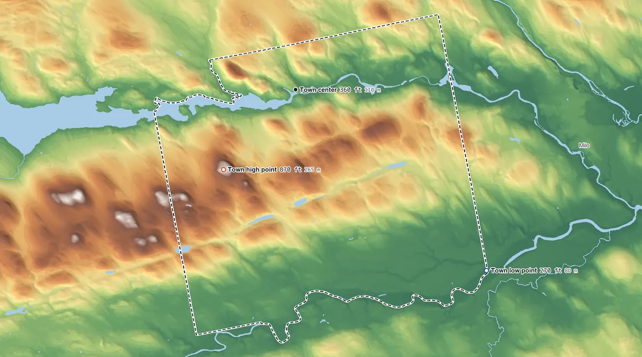 Topographic elevation map of Sebec, Maine, shaded from 270 ft on the southeast side to 870 ft on the southwest side