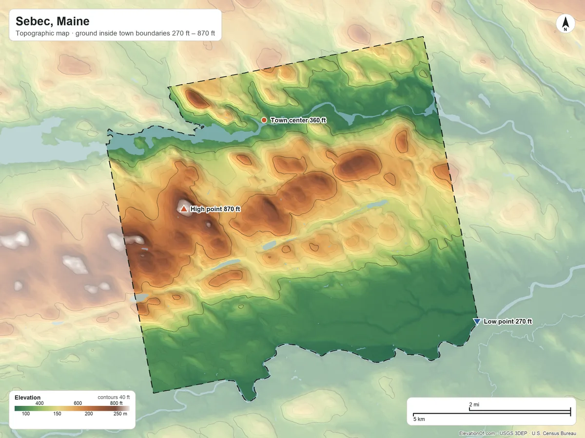Topographic elevation map of Sebec, Maine, shaded from 270 ft on the southeast side to 870 ft on the southwest side