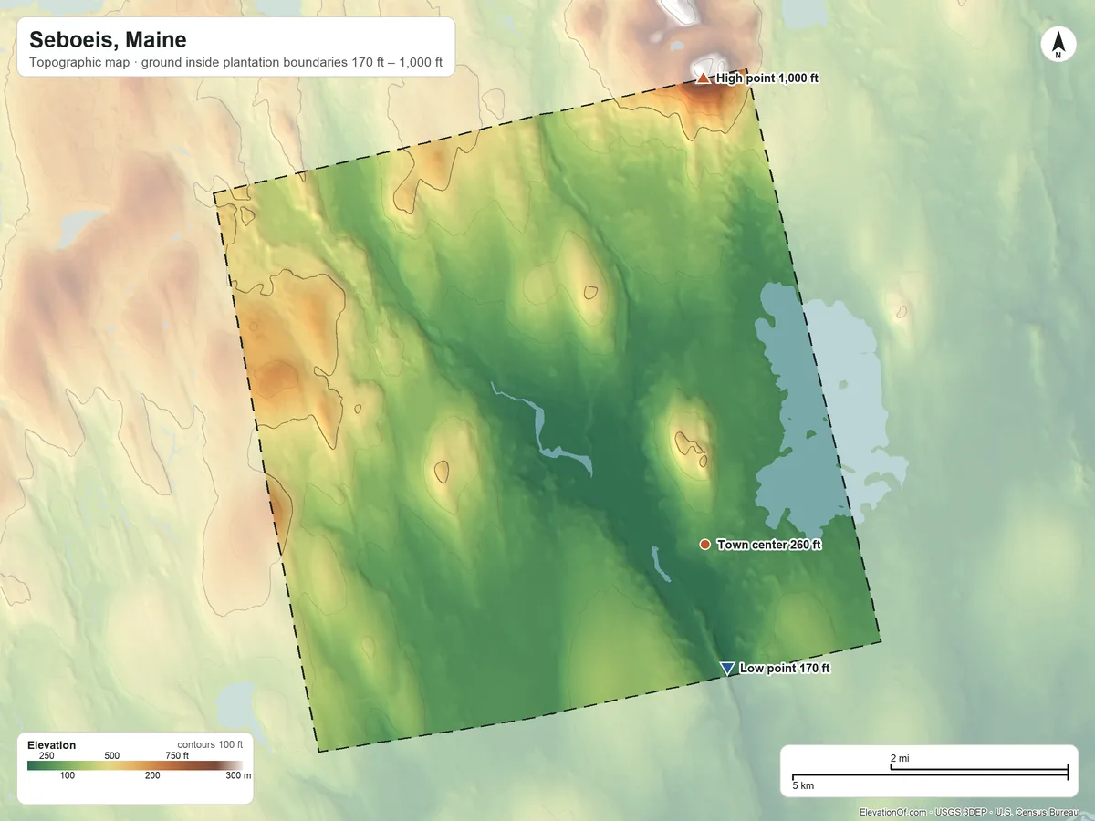 Topographic elevation map of Seboeis, Maine, shaded from 170 ft on the south side to 1,000 ft on the north edge, below higher ground just outside