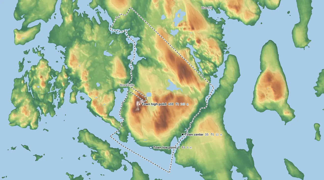 Topographic elevation map of Sedgwick, Maine, shaded from sea level level on Fish Creek Bay to 480 ft on Caterpillar Mountain