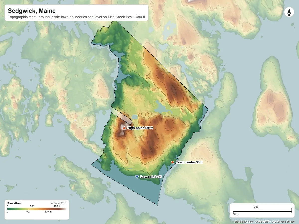 Topographic elevation map of Sedgwick, Maine, shaded from sea level level on Fish Creek Bay to 480 ft on Caterpillar Mountain
