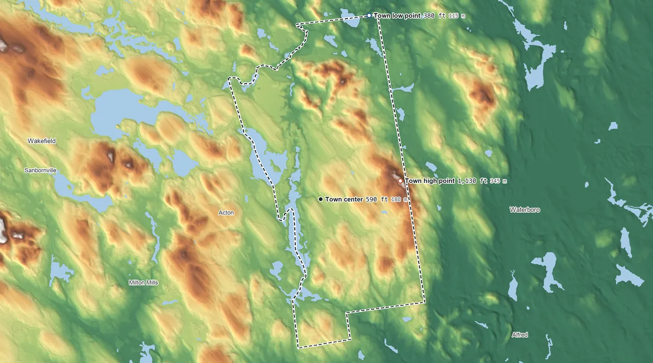 Topographic elevation map of Shapleigh, Maine, shaded from 380 ft on the north side to 1,130 ft on the east side