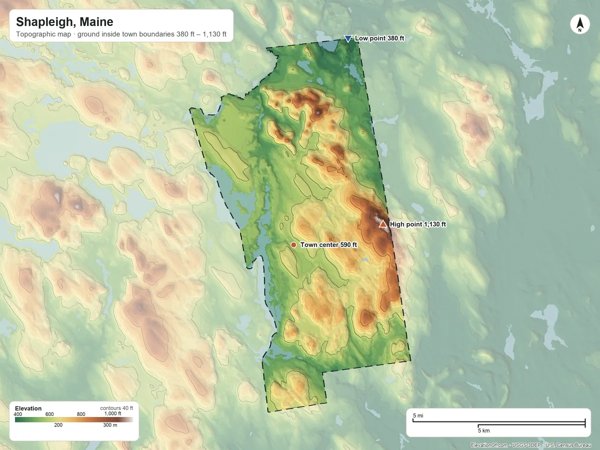 Topographic elevation map of Shapleigh, Maine, shaded from 380 ft on the north side to 1,130 ft on the east side