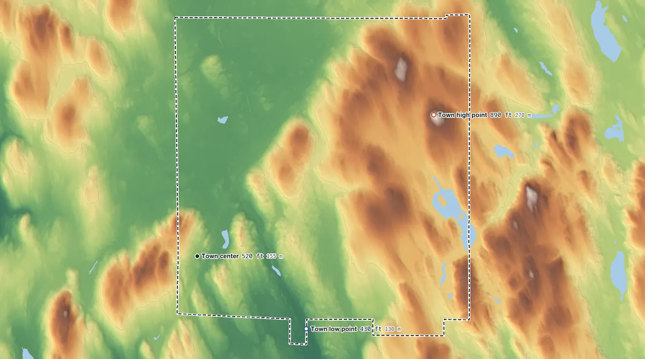 Topographic elevation map of Sherman, Maine, shaded from 430 ft on the southeast side to 890 ft on the northeast side
