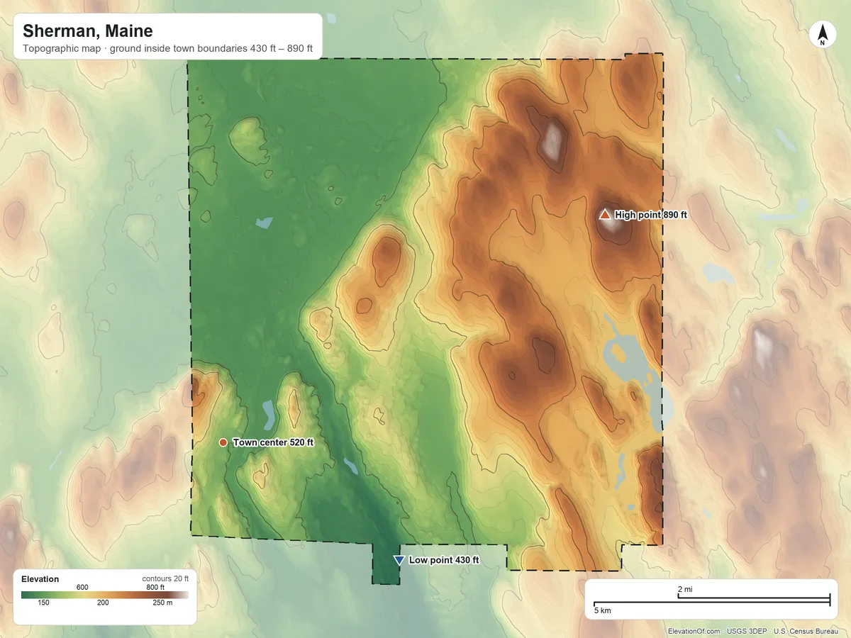 Topographic elevation map of Sherman, Maine, shaded from 430 ft on the southeast side to 890 ft on the northeast side