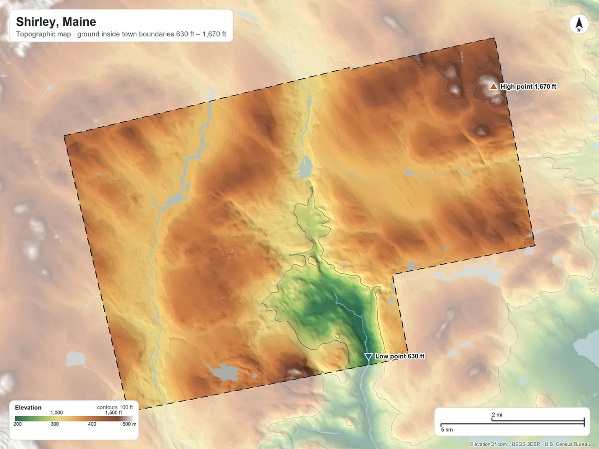 Topographic elevation map of Shirley, Maine, shaded from 630 ft on the south side to 1,670 ft on the northeast side
