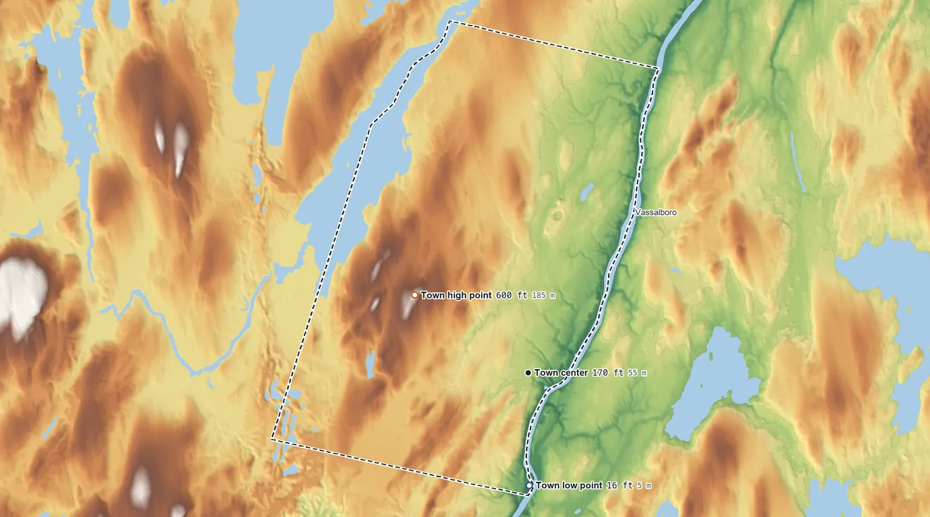 Topographic elevation map of Sidney, Maine, shaded from 16 ft on the south side to 600 ft on Quaker Hill