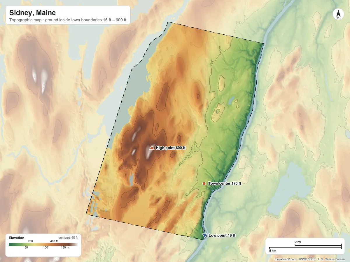 Topographic elevation map of Sidney, Maine, shaded from 16 ft on the south side to 600 ft on Quaker Hill