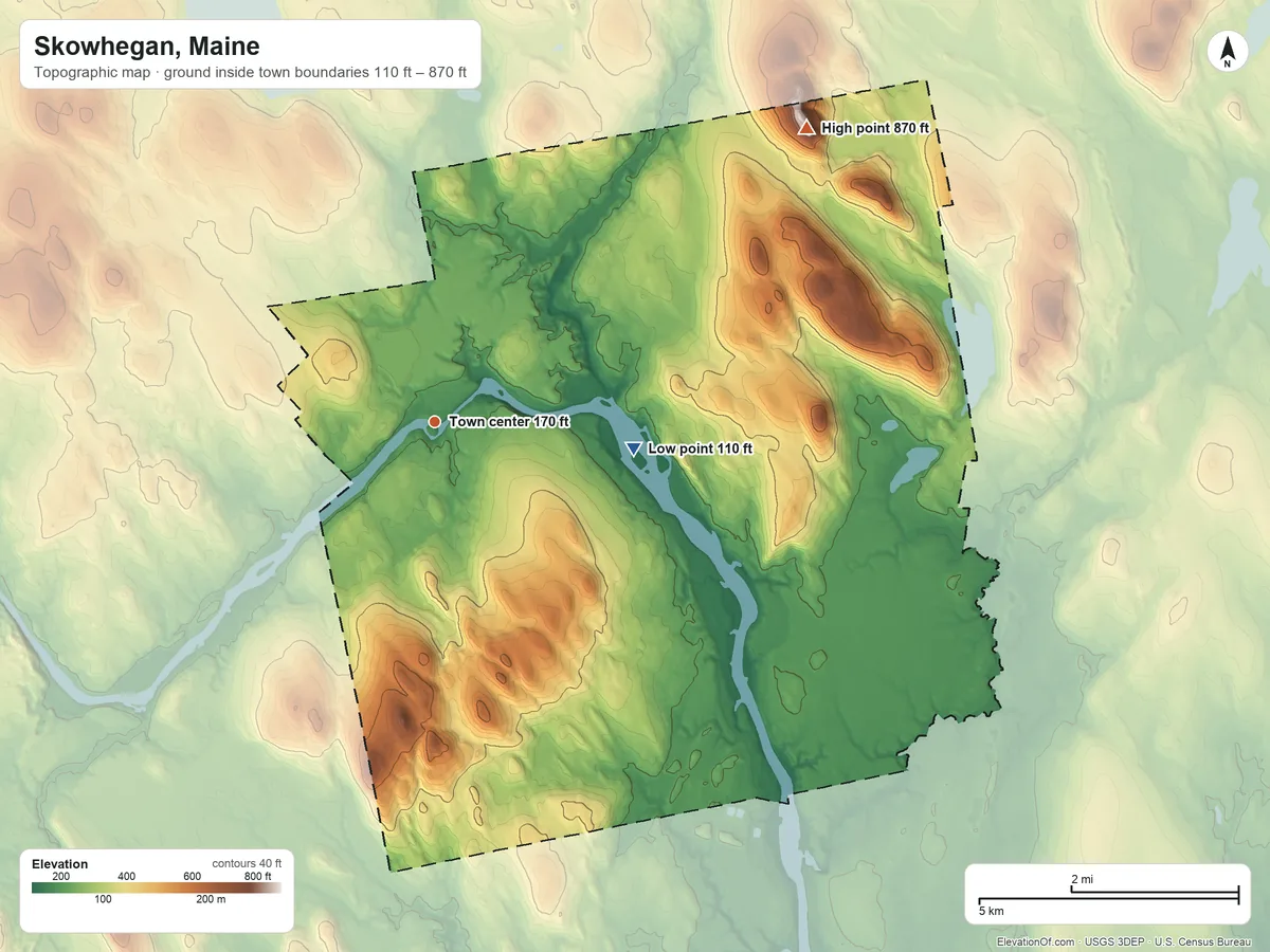 Topographic elevation map of Skowhegan, Maine, shaded from 110 ft on the east side to 870 ft on Loomis Hill