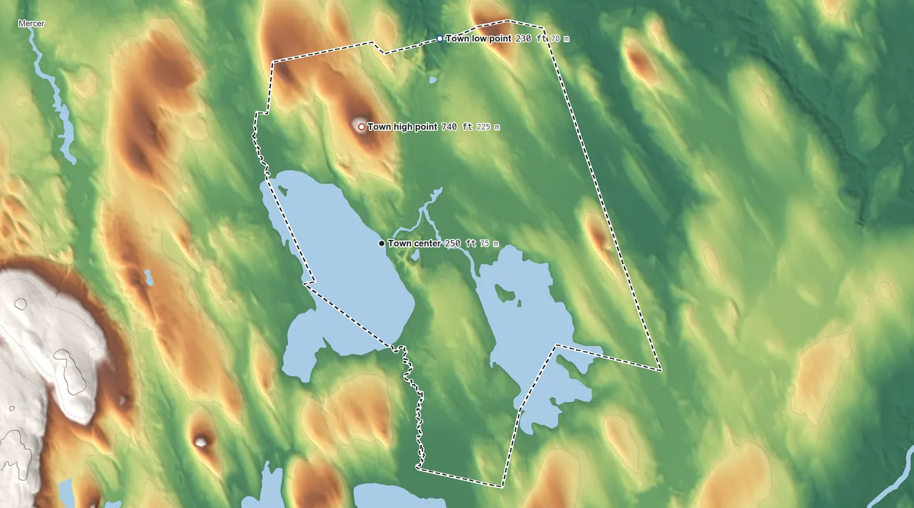 Topographic elevation map of Smithfield, Maine, shaded from 230 ft on the north side to 740 ft on Mount Tom