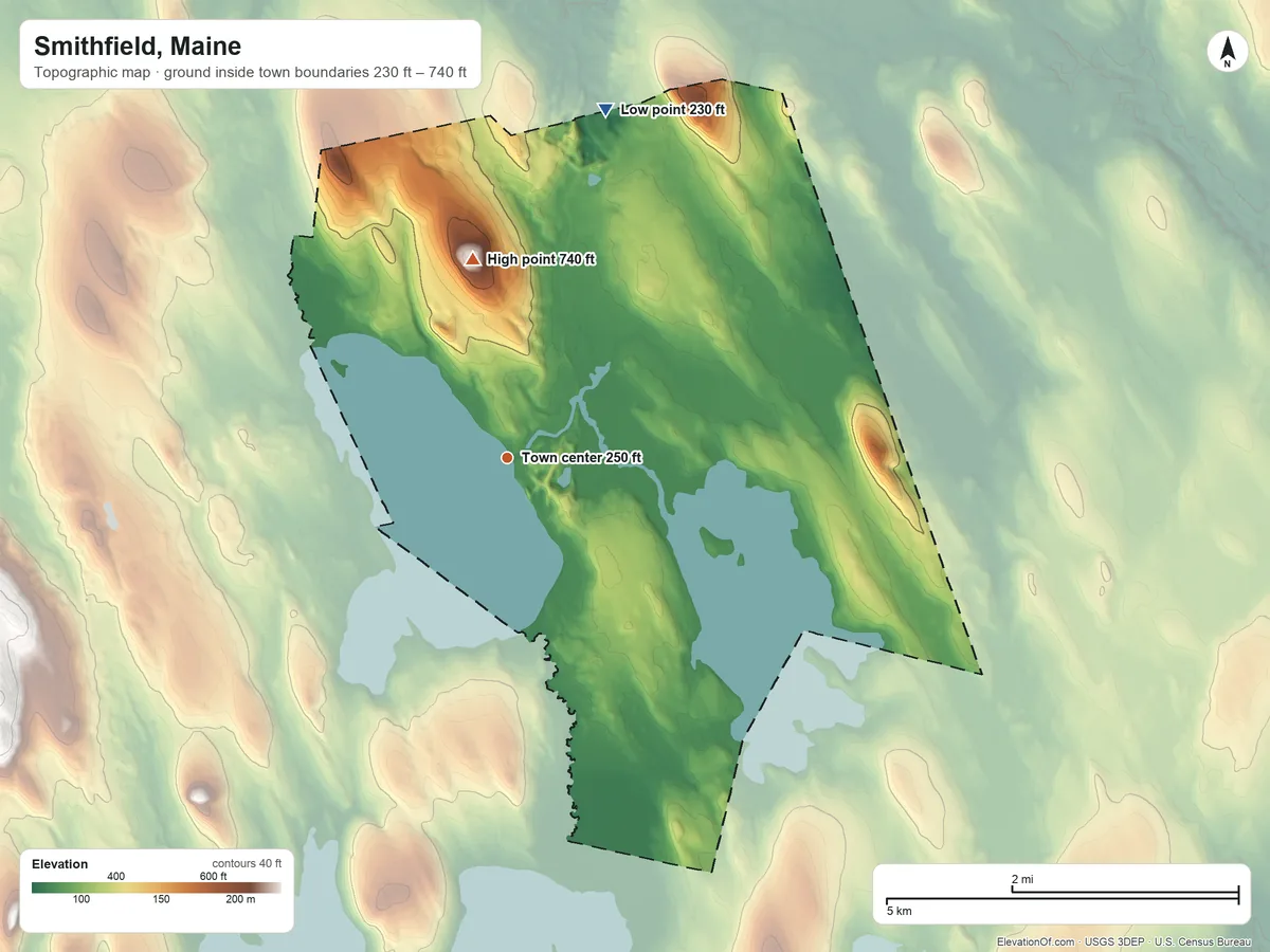 Topographic elevation map of Smithfield, Maine, shaded from 230 ft on the north side to 740 ft on Mount Tom